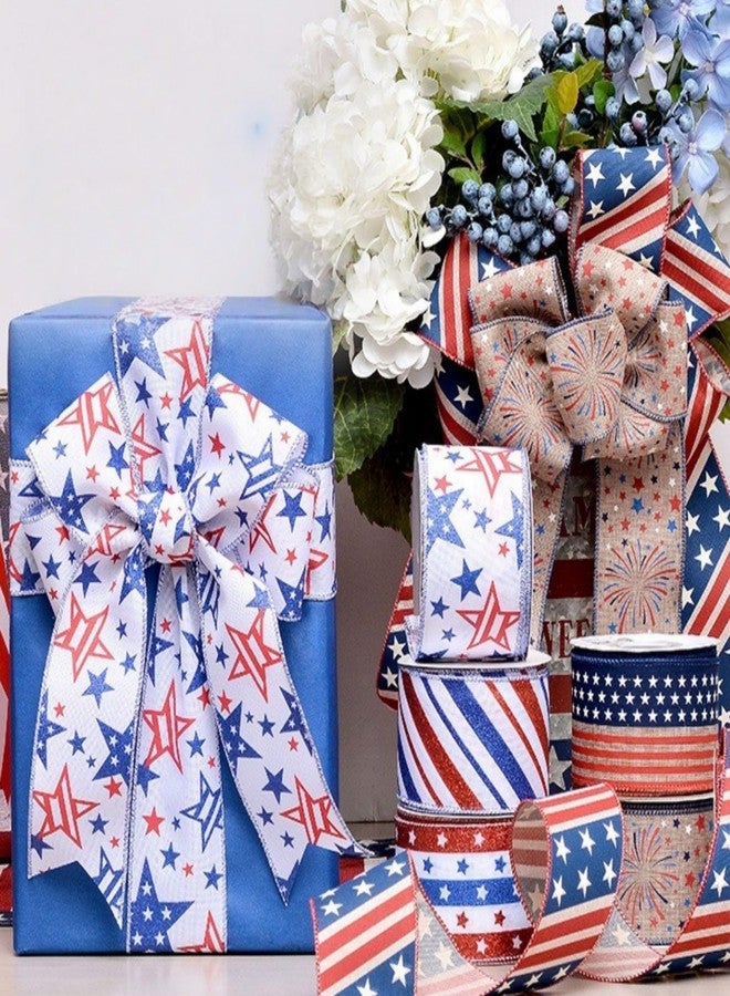 Meseey 4 Rolls Total 20 Yards Patriotic Wired Ribbon Bulk Pack - Stars & Stripes Edge for Memorial Day, 4th of July Wreaths, Parade Decor - Image 3